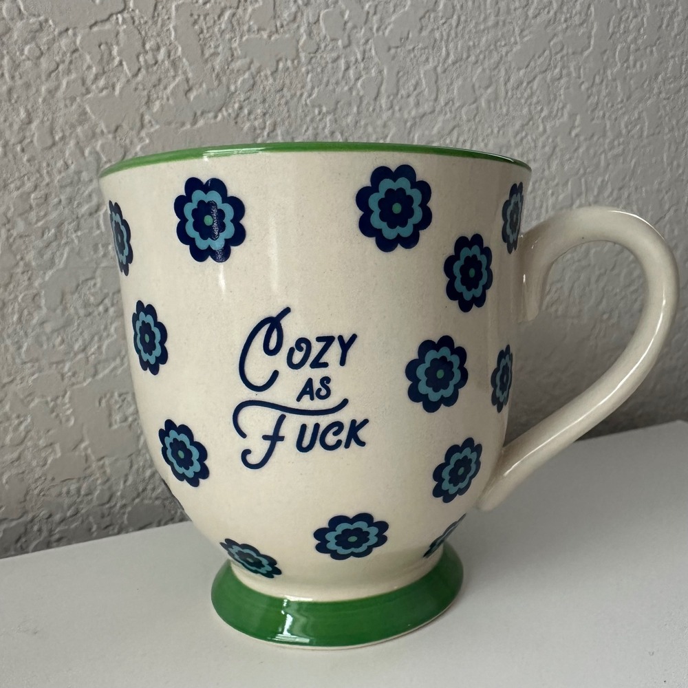 Patina Funny Mug Cream Blue Green Floral Cozy As F*ck Tea Bag Pocket Mug New